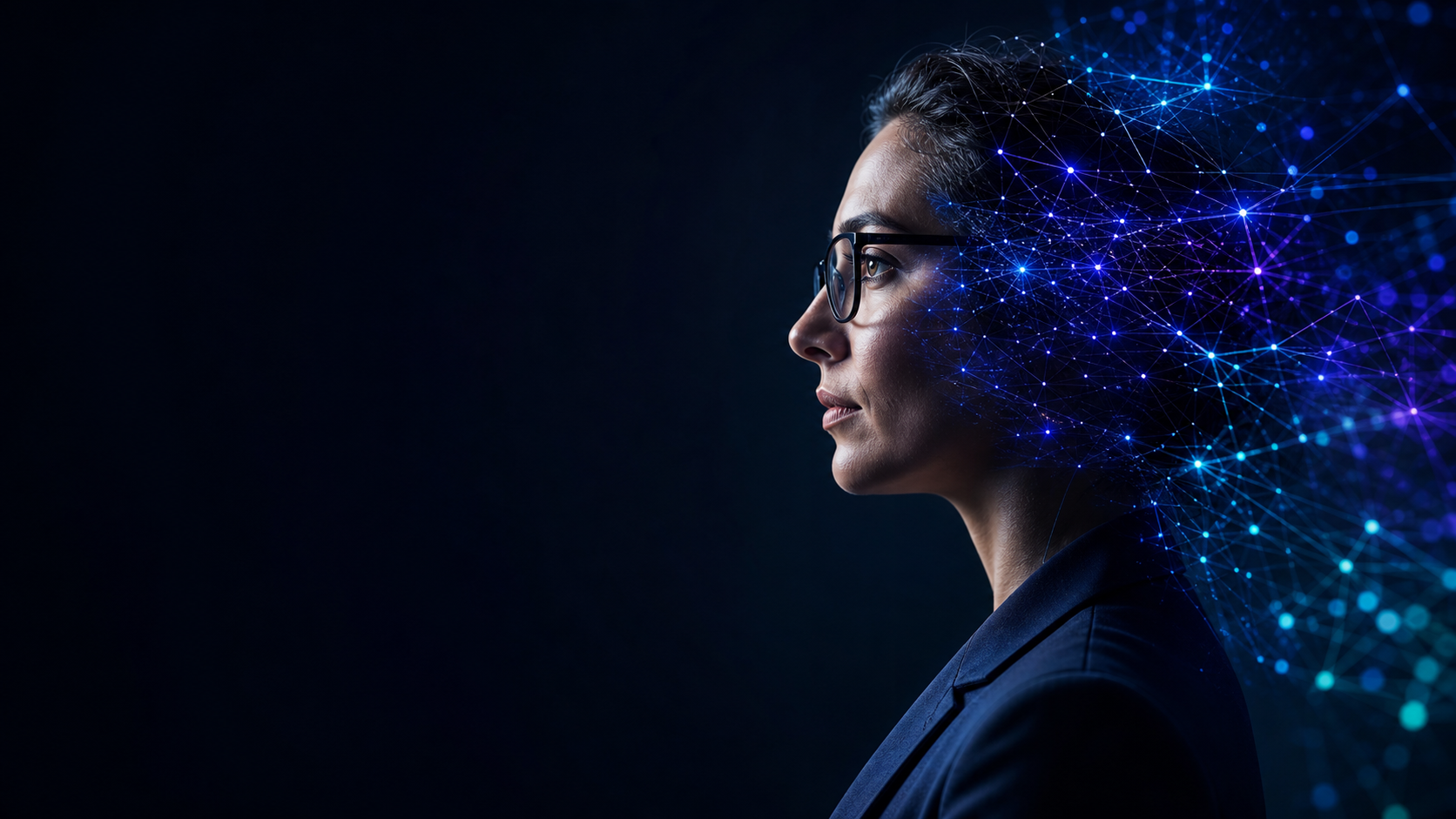 Business leader profile with AI network light patterns